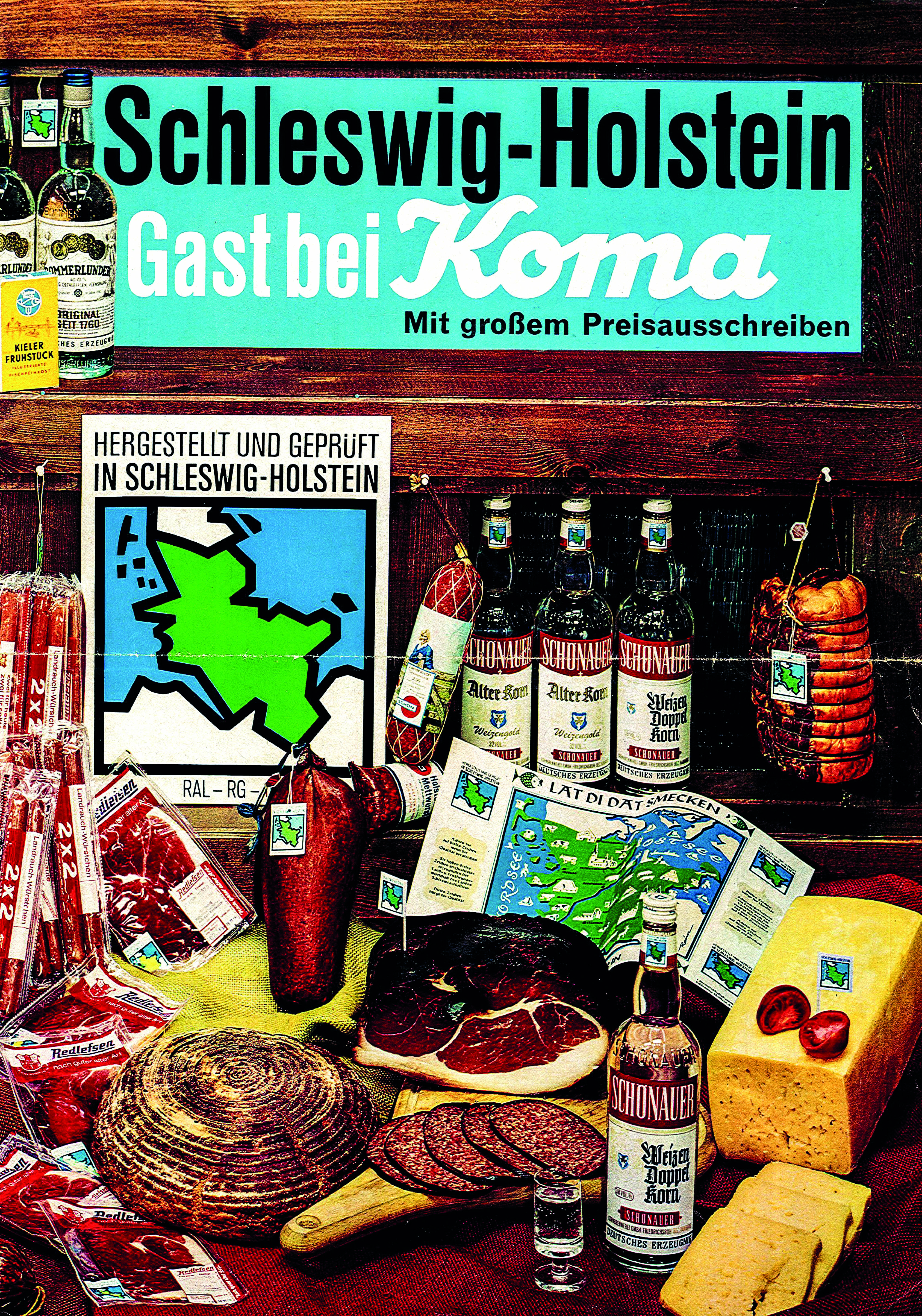 eine alte Koma-Werbung, viele unterschiedliche Gütezeichen-Produkte sind abgebildet